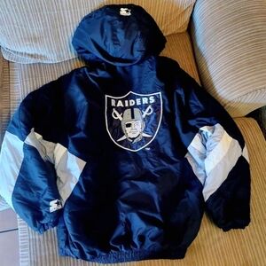 Vintage Raiders Black and White Hooded Starter Jacket Size Large